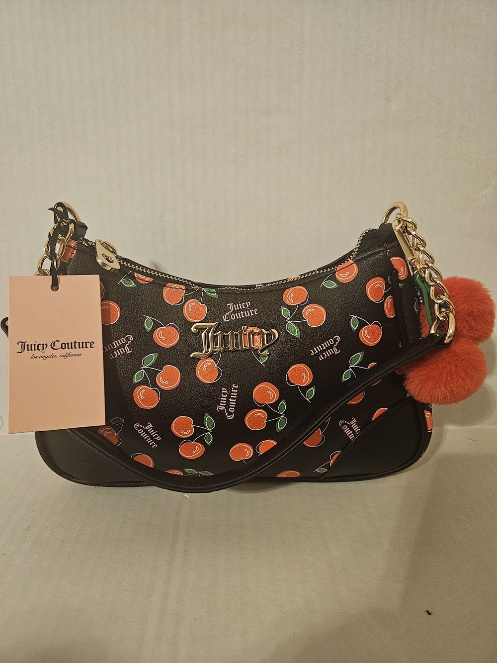 Juicy Couture Black Cherry-Print Shoulder Bag with Pom Charm